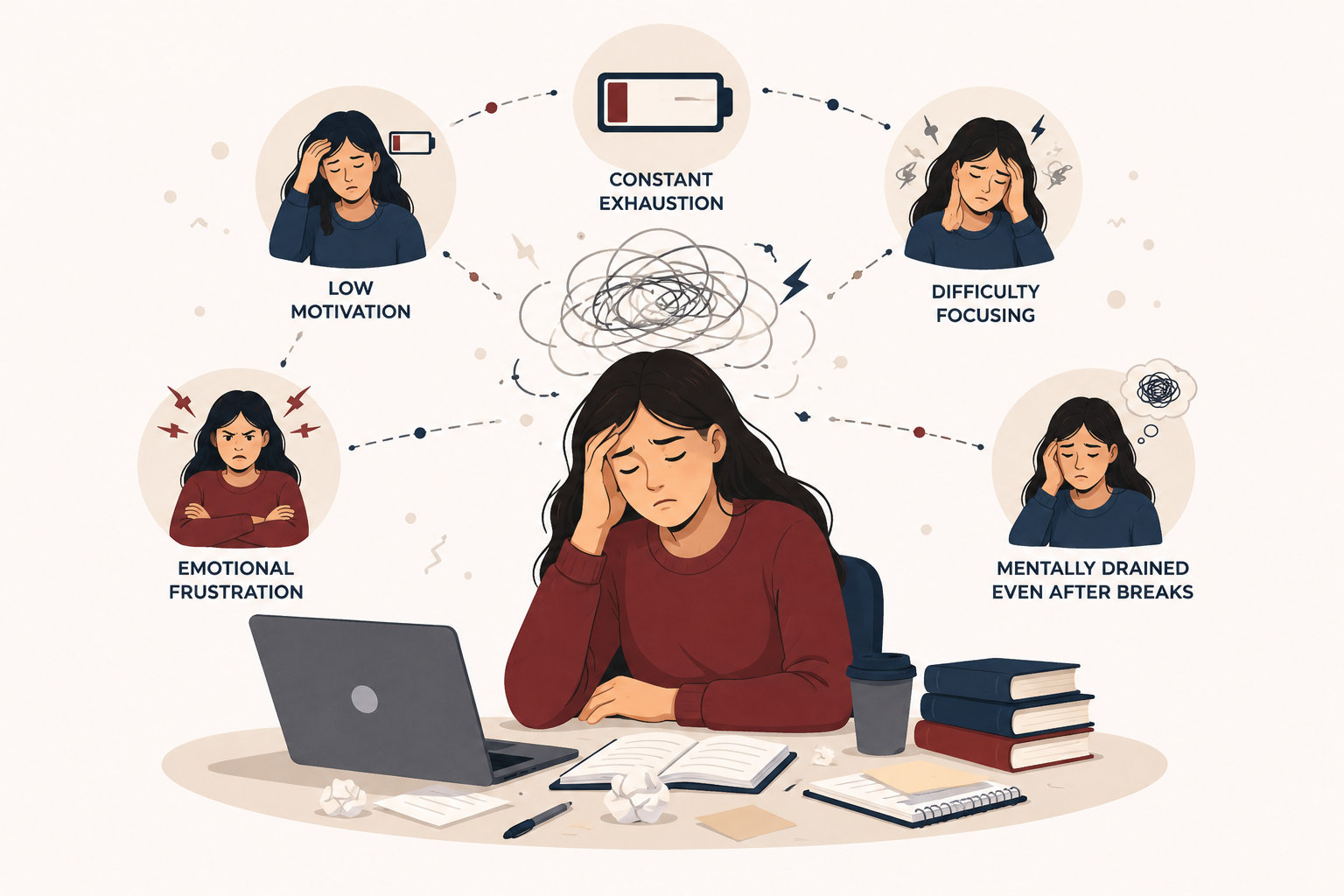 Illustration showing student burnout caused by academic pressure, stress, and overwhelming university responsibilities.